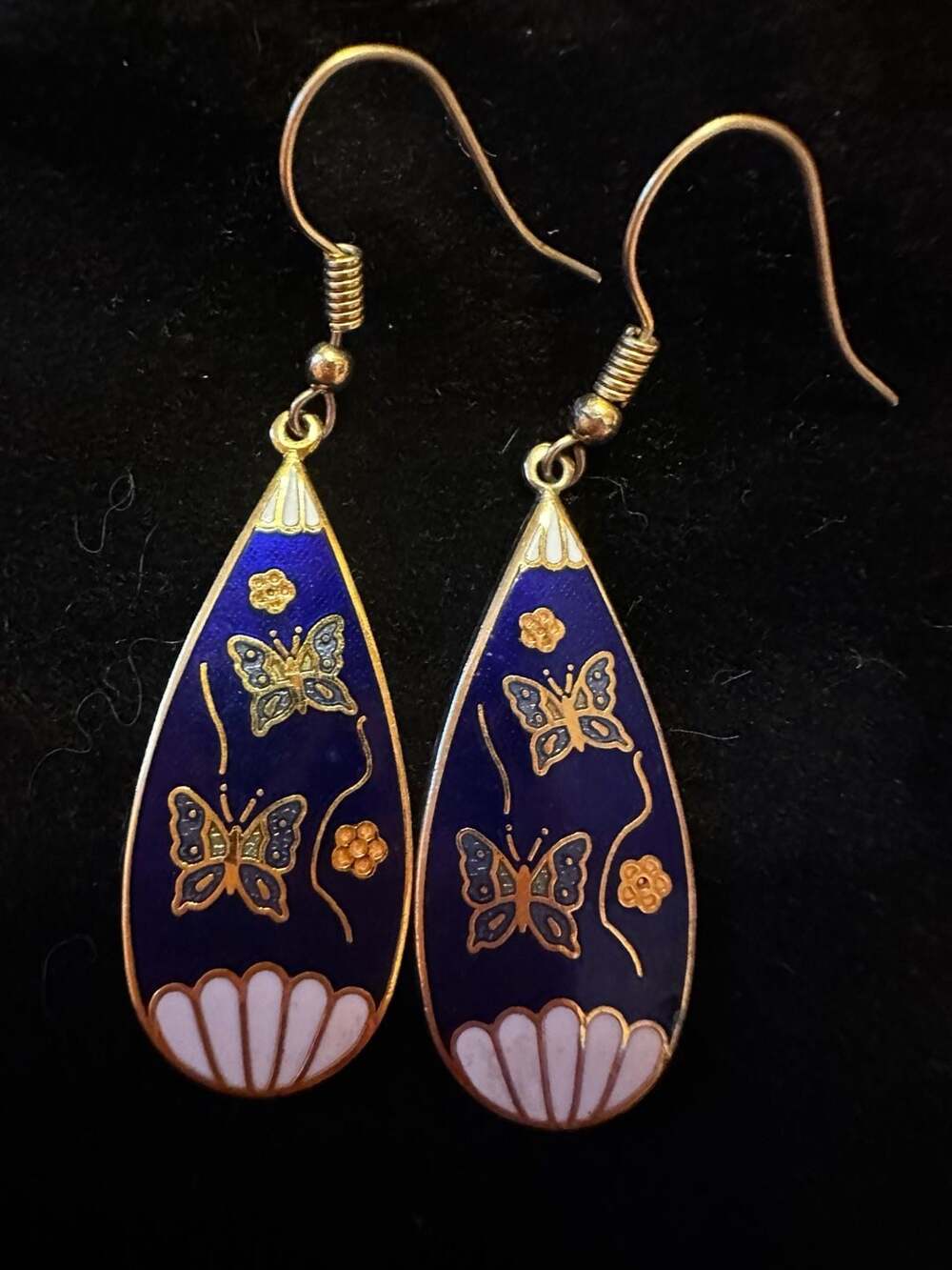 Vintage Cloisonne Butterfly Dangle Earrings Blue Enamel Gold Tone
